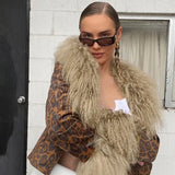 Sweetown Fur Trim Leopard Jackets Y2K Coats Women Vintage Grunge High Street Outwear Button Up Elegant Fashion Autumn