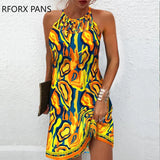 Women Chic Criss Cross Tank Hollow Out Print Sleeveless A-line Mini Party Sexy Dress-Outfit