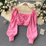 Women Fashion Korean Blouse Square Collar Long Puff Sleeve Solid Slim Tops 2022 Autumn Casual Vacation Short