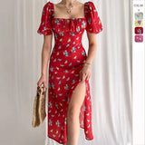 Women's Clothing 2026 Summer Bubble Sleeves Slim Sexy Thin Side Open-Print Dress