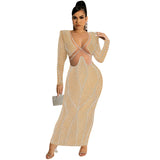 Sexy Nightclub Hot Diamond Mesh Perspective V Collar Long Sleeve Dress Woman-Outfit