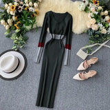 Women Autumn Winter Sweater Dress Fashion Patchwork V Neck Slim Elastic Dress Warm Bodycon Pullovers Knitting
