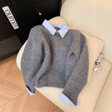 2025 New Fake Two Shirt Collar Sweater Women With Lazy Wind Collared Gray Knitted Shirt