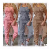 Women's Work-Packed Pocket Design Jumpsuit Sleeveless Backs And Trousers Simple Restraints Trousers +