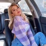2021 Women Turtleneck Sweater Pink And Purple Striped Hole Cropped Pullover Sweaters Fashion Batwing Sleeve Knitwear