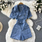 Vintage Denim Playsuits Women's Short Sleeve Bodycon Casual Shots Rompers Jumpsuit Jeans Overalls For