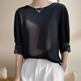 Toloer Summer Female New Round Collar Temperament Loose Short Pearl Sleeve Decoration Simple And Versatile T-Shirt-Outfit