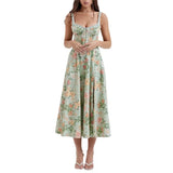 Temperament Dress Women Summer Floral Print V Neck Spaghetti Strap Sleeveless A Line Midi Dresses Bohemian Style Dress