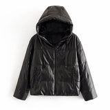 Aachoae Women Thick Warm PU Faux Leather Padded Coat 2021 Winter Zipper Hooded Jacket Parka Long Sleeve Pockets Outerwear