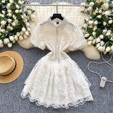 Summer Retro Temperament Elegant Collar Single Buckle White Lace Embroidery A Word Cake