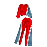 Denim Set Female Retro Casual Color Long-Sleeved Sweater Denim Spliced Broad Leg Pants Two