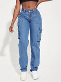 New Retro Mid-Rise Multi-Pocket Workwear Jeans Women's Casual Straight