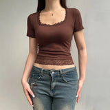 Wind Lace Splicing Small Design U-Shaped Collar Slim Plain Color Short-Sleeved T-Shirt 2024 New Style-Outfit