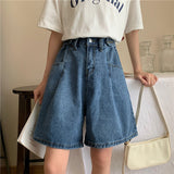 Toloer Blue Jeans Five Minutes Shorts Female Summer Plus Size Fat Sister Show Thin Show Tall And Versatile Wide Legs High Waist A Line Pants-Outfit