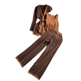 Toloer Suit Female Casual Temperament V Collar Waist Belt Knit Cardigan Jacket Three Piece Set High Waist Wide Leg