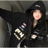 Vintage Embroidery Drawstring Oversized Hoodie-Outfit