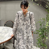 Toloer Chic Spring French Vintage V-Tie Bow Ink Print Design Loose Long Sleeve Dress-Outfit
