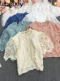 New Summer Temperament All-match stand collar flared sleeve Shirt hollow out Lace Waist slim short Shirt