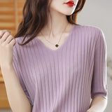 Toloer The Summer Of 2024, Women's Knit Short Sleeve Korean V-Neck Solid Color T-Shirt And A Pit Top-Outfit