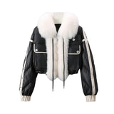 Winter Warm PU Leather Coats Faux Fox Fur Jacket Big Fur Collar Short Jacket Fashion Black Cotton Padded Lady Down