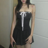 Design Color Tie Bow To Wipe The Breast Skirt With The Word Collar Waist Show Thin Pleated Skirt Dress Woman-Outfit