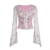 Gentle Wind Halo Dye Printed Fake Two Jackets Pure Desire Less Female Feelings Sweet Clavicle Long-Sleeved T-Outfit