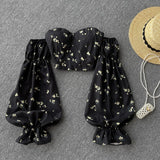 Women Boho Floral Blouse French Lace Square Collar Puff Sleeve Slim Ruffles Tops Autumn Korean Elastic Ruched