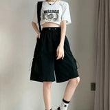 Thin Cargo Shorts Women Y2K Loose Fashion Drawstring Pocket Shorts Bf Baggy Korean Streetwear Wide Leg Knee-Length Pants-Outfit