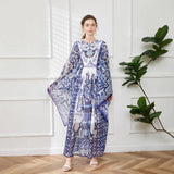 Court Style Temperament Round Collar Horn Long Sleeves Loose Celadon Print A-Word Dress Seaside Holiday