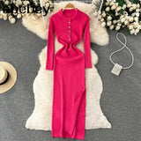 Autumn Knitted Dress Women Long Sleeve Elastic Waist Split Sweater Dress Ladies Party Sexy Warm Bodycon Maxi Long