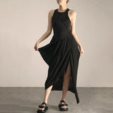 Pleated Casual Dress For Women O Neck Sleeveless High Waist Solid Elegant Midi Dresses Females Summer Clothing
