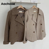 Aachoae 2021 New Fashion Women Elegant Double Breasted Long Sleeve Wool Coats Autumn Winter Chic Casual Solid Color