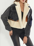 Winter Denim Patch Turndown Collar Long Sleeve Fleece