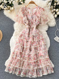 Mesh Floral Print Cake Dress Zipper V Neck Fashion Beading Short Sleeve Summer French Sweet Women Princess Long