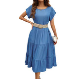 Fashion Casual Pure Color Simple Round Neck Short Sleeve Long Dress Woman Without