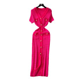 Little Scent Retro V-Neck Metal Single-D Row Buckle Slimming Temperament Knitted Dress