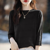 Toloer And Summer Thin Round Collar Jacquard Wool Knit T-Shirt Women's Seven Minute Sleeve Solid Color Bottom Sweater Middle Sleeve Cashmere Top-Outfit