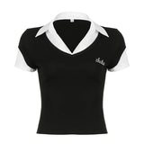 Style POLO Collar Splicing Fake Two Short-Sleeved Blouses Slim And Simple Knitted T-Shirt Girl-Outfit