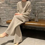 2022 Autumn Winter 2 Pieces Women Sets Knitted Tracksuit O-Neck Split Sweater and Wide Leg Jogging Pants Pullover