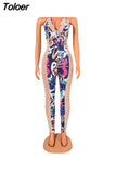 Mesh Graffiti Print Bodycon Long Jumpsuit for Women Halter Neck Backless Transparent Romper Hip Hop Party Clubwear