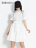 Casual Embroidery Dress For Women Lapel Short Sleeve High Waist Colorblock Loose Midi Dresses Female Clothing