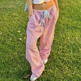 Vacation Lazy Wind Color Striped Dopamine Casual Pants Lace Lace Stitching Waist Straight Trousers-Outfit