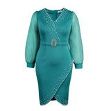 Women's Fashion V-Neck Bubble Sleeve Perspective Dress High Waist Nails