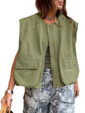 New Women's Sleeveless Pocket Baggy Vest Solid Color Cardigan Zipper Fashion Coat Women-Outfit