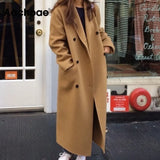 Casual Black And Khaki Coat Women Long Sleeve Office Wear Elegant Long Coats Double Breasted Wide Waisted Pocket