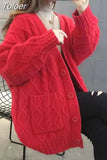 Women Knitting Cardigans Casual V-Neck Long Sleeve Daily Solid Color Fashion Loose Single Breasted Sweater