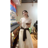 And Relaxed Sense Of Simple Shoulder Round Neck Short Sleeve T-Shirt High Lumbar Loose Leisure Pants Two