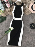 Casual Women Dress Knitted O Neck Sleeveless White Stripe Side Elegant Midi Dresses Bodycon Female