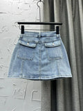 Women Denim Skirt High Waist Three-d Pocket Solid Color Slim A-line Patchwork Cargo Miniskirt 2024 Summer New Fashion 29L13-Outfit