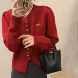And Winter New Christmas Red Bow Knitted Cardigan Women's Korean Version Shows The Temperament Of Short Style Thin Sweater-Outfit